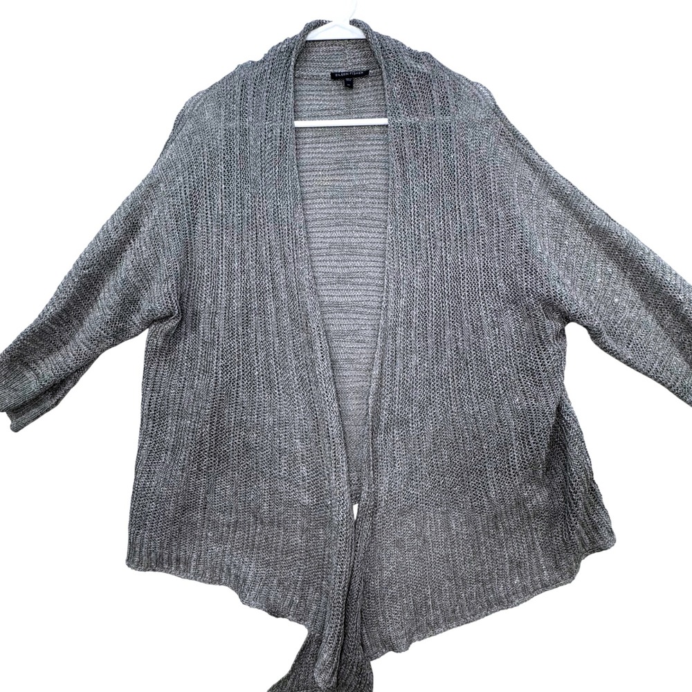 Eileen Fisher Cardigan Women XL Gray Linen Silk Open Front Minimalist Lagenlook